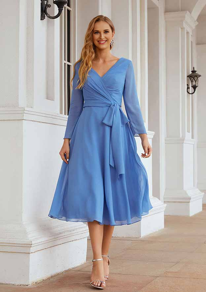 Elegant Simple Wedding Guest Dresses Blue Chiffon A-line V Neck Long Sleeve V Back With Pleated Waistband Tea-Length Bargain Mother of the Bride Dress