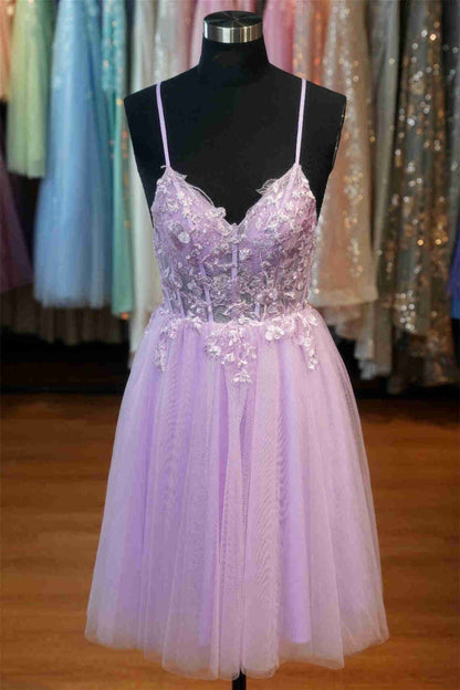AABEI DRESS New Homecoming Dress Exquisite A Line V-Neck Spaghetti Strap Lace Appliques Backless Short Prom Dresse