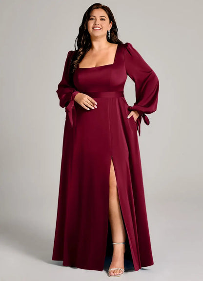 Wedding Guests Dresses Burgundy Minimalist A-Line Square Neck Long Sleeve Side Fork Plus Size Formal Dress Discount Hot Sale Prom Dress