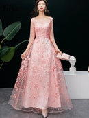 Pink 3/4 Sleeve Floral Embroidery Tulle A Line Evening Dress