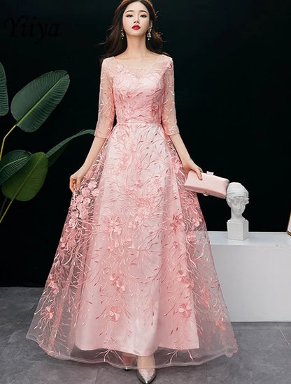 Pink 3/4 Sleeve Floral Embroidery Tulle A Line Evening Dress