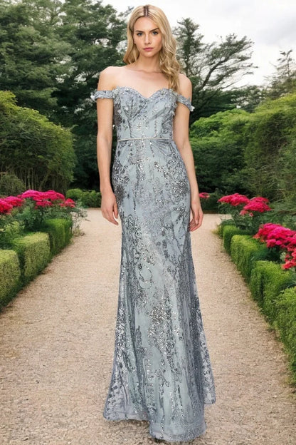 Dusty Blue Mermaid Off Shoulder Sweetheart Lace Up Back Long Prom Dress