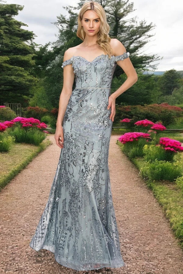 Dusty Blue Mermaid Off Shoulder Sweetheart Lace Up Back Long Prom Dress