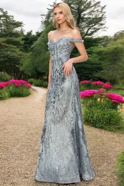 Dusty Blue Mermaid Off Shoulder Sweetheart Lace Up Back Long Prom Dress