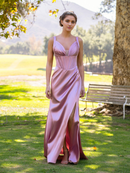 Evening Dress Sheath Pink V-neck Satin Floor Length Prom Dress Side Fork Exquisite Elegant Formal Women's Dresses