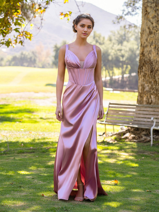Evening Dress Sheath Pink V-neck Satin Floor Length Prom Dress Side Fork Exquisite Elegant Formal Women's Dresses