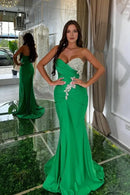 Charming Formal Women's Dresses Satin Mermaid Strapless Sweetheart Neckline Sleeveless Beading With Pleated Backless Fashion Sweep Train Affordable Prom Dress