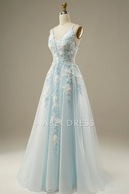 AABEI DRESS Hot Sale Prom Dress Luxury A-Line Spaghetti Strap Beading Exquisite Tulle Lace Applique Formal Dress