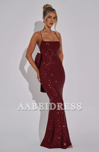 Formal Wear Dresses Prom Dresses Mermaid Luxury High Quality Sequin Elasticated Spaghetti Straps Crossover Strap Back Detachable Bow Back Dresses Wedding Guests Dresses