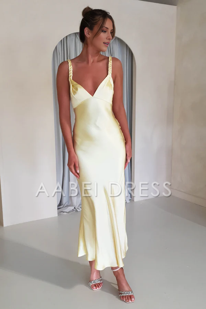 AABEI DRESS Prom Dress V-neckline Adjustable Straps Rear zip Stunning Simple Satin Dress