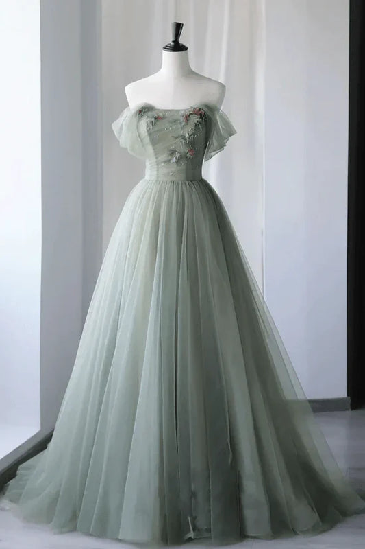 Sage Tulle A Line Off the Shoulder Sleeveless 3D Applique Elegant Wedding Guest Dress Long Hot Sale Prom Dresses