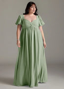 Wedding Guests Dresses Dusty Sage Chiffon A Line Sweetheart Neckline Twisted Corset Puff Short Sleeves Ruched Hem Floor-Length Elegant Plus Size Formal Dress Discount Hot Sale Prom Dress