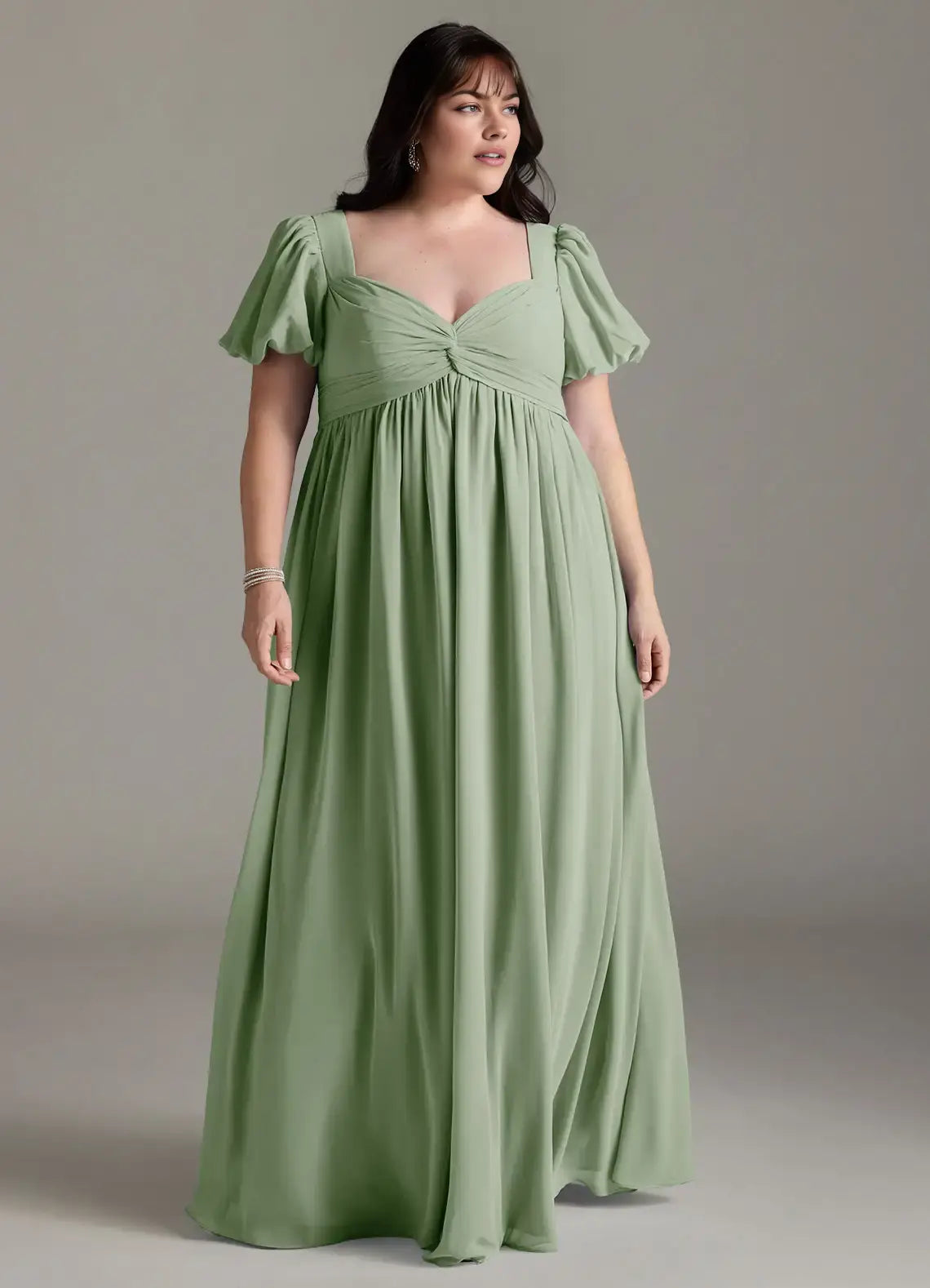 Wedding Guests Dresses Dusty Sage Chiffon A Line Sweetheart Neckline Twisted Corset Puff Short Sleeves Ruched Hem Floor-Length Elegant Plus Size Formal Dress Discount Hot Sale Prom Dress