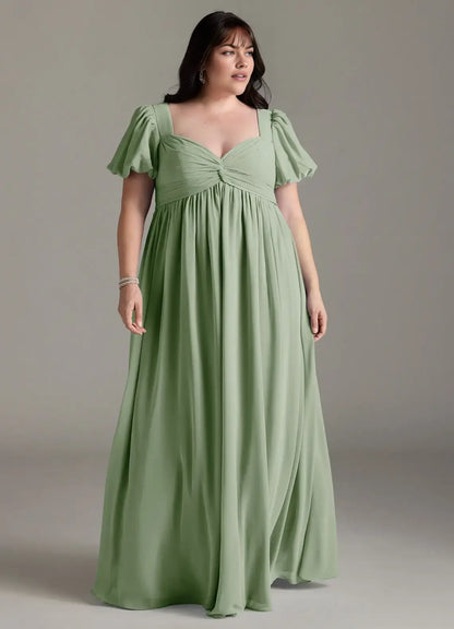 Wedding Guests Dresses Dusty Sage Chiffon A Line Sweetheart Neckline Twisted Corset Puff Short Sleeves Ruched Hem Floor-Length Elegant Plus Size Formal Dress Discount Hot Sale Prom Dress