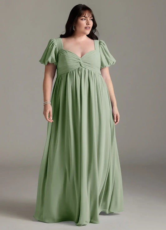 Wedding Guests Dresses Dusty Sage Chiffon A Line Sweetheart Neckline Twisted Corset Puff Short Sleeves Ruched Hem Floor-Length Elegant Plus Size Formal Dress Discount Hot Sale Prom Dress