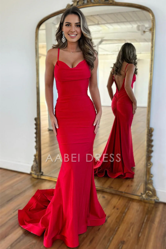 AABEI DRESS Hot Sale Prom Dress Simple Satin Mermaid Spaghetti Straps Backless Long Elegant Formal Dress