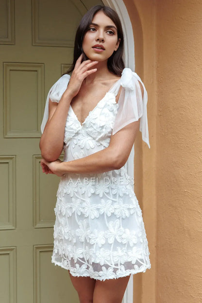 Sheath V Neck Tied Shoulder Embellished White Lace Flower Exquisite Mini Dress Hot Sale Homecoming Dress