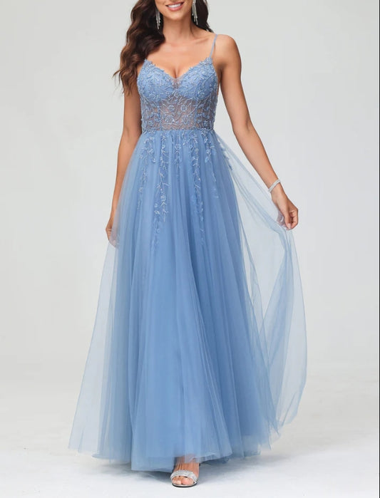 AABEI DRESS A-Line Spaghetti Straps Tulle Backless Sweep Train Dress Side Fork Exquisite Romantic Evening Dress