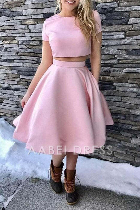 AABEI DRESS New Homecoming Dress A-Line Short Sleeves Tea-Length Two Piece Satin Cute Prom Dress
