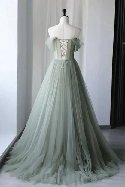 Sage Tulle A Line Off the Shoulder Sleeveless 3D Applique Elegant Wedding Guest Dress Long Hot Sale Prom Dresses