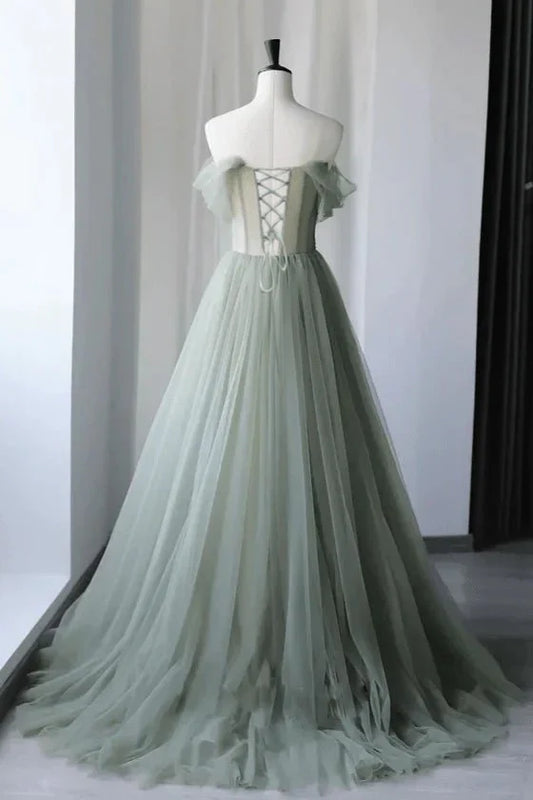 Sage Tulle A Line Off the Shoulder Sleeveless 3D Applique Elegant Wedding Guest Dress Long Hot Sale Prom Dresses