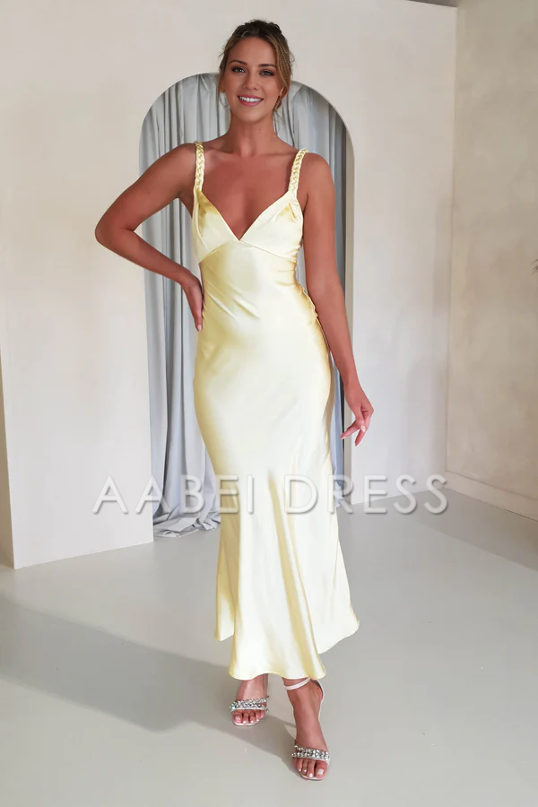 AABEI DRESS Prom Dress V-neckline Adjustable Straps Rear zip Stunning Simple Satin Dress