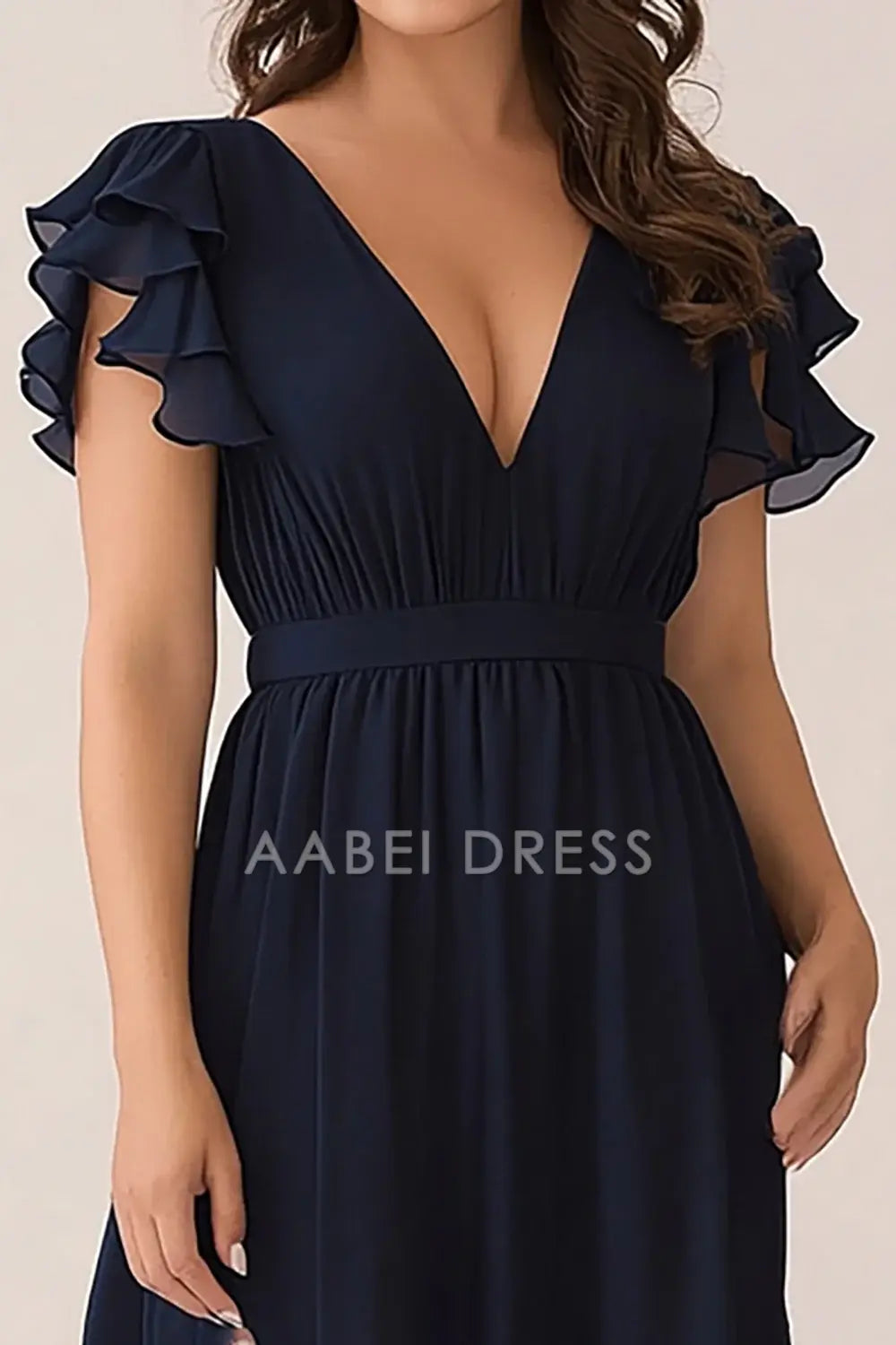 AABEI DRESS Mother Of The Bride Dress V-Neck Chiffon Flowy Sleeve Ruched Plus Size Long Formal Wear Dresse