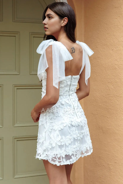 Sheath V Neck Tied Shoulder Embellished White Lace Flower Exquisite Mini Dress Hot Sale Homecoming Dress