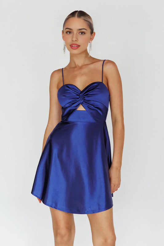 Charming A Line Sweetheart Neckline Twist Bust Adjustable Spaghetti Strap Backless Dark Blue Cute Mini Dress Hot Sale Homecoming Dress