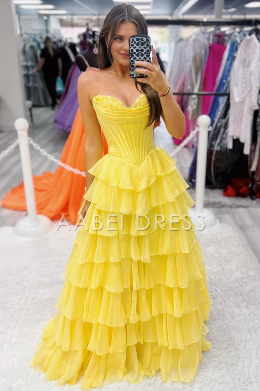 AABEI DRESS Prom Dress Lovely A-Line Sweetheart Long Tiered With Slit Fashion Formal Dress