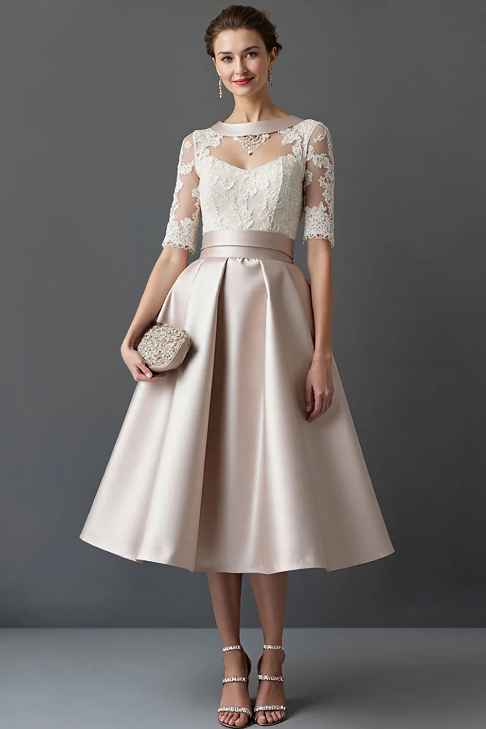 Wedding Guest Dress Champagne Satin A Line Boat Collar 1/2 Sleeve Lace Applique Ruched Hem Fashion Retro Hot Sale Mother of the Bride Dress