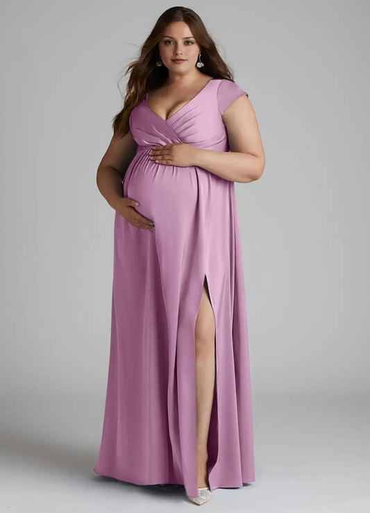 Wedding Guests Dresses Wisteria A-Line V Neck Cap Sleeve Pleated Side Fork V Back Floor-Length Elegant Pregnant Woman Plus Size Formal Dress Discount Hot Sale Prom Dress