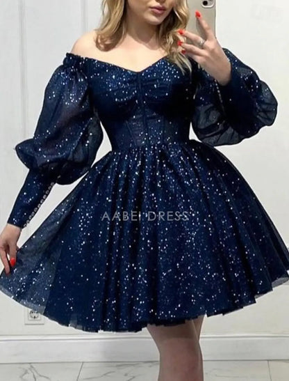 AABEI DRESS New Homecoming Dress Sequin A-Line V Neck Long Sleeve Corsets Dress Holiday Graduation Glitter Short Prom Dresse