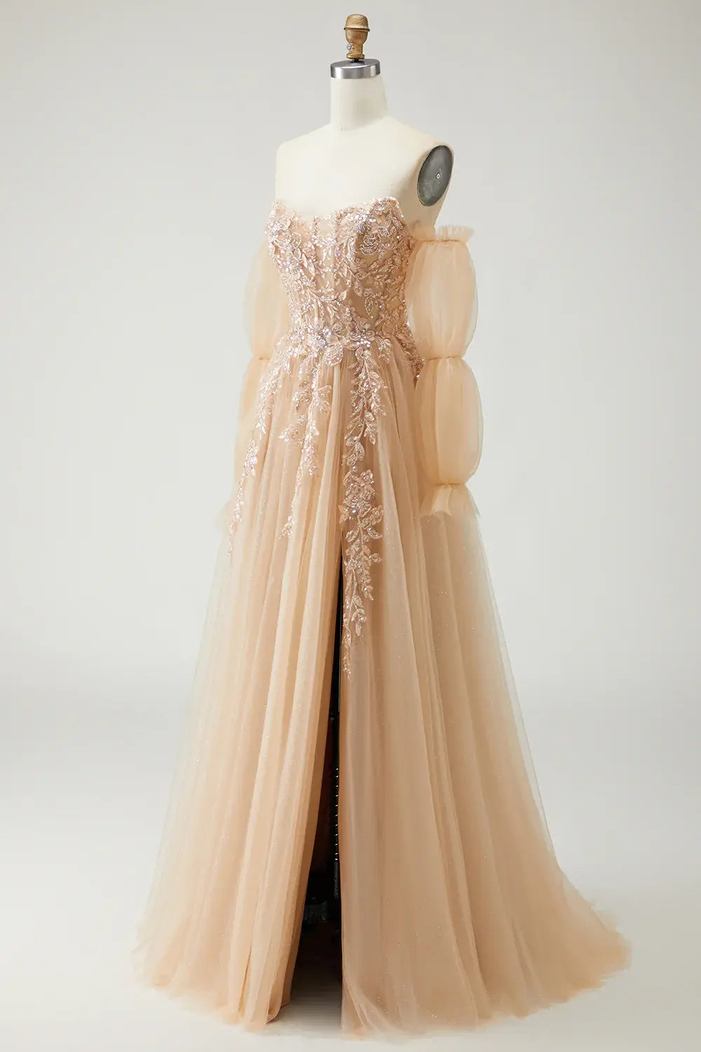 Wonderful Prom Dress Sparkly Champagne Sequin Floral A-Line Strapless with Detachable Sleeves Backless Side Fork Ruched Bargain Long Wedding Guest Dress