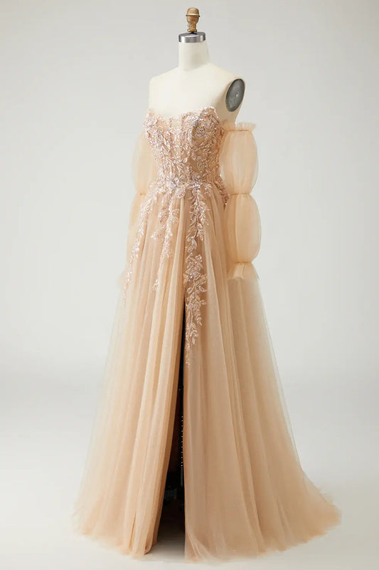 Wonderful Prom Dress Sparkly Champagne Sequin Floral A-Line Strapless with Detachable Sleeves Backless Side Fork Ruched Bargain Long Wedding Guest Dress
