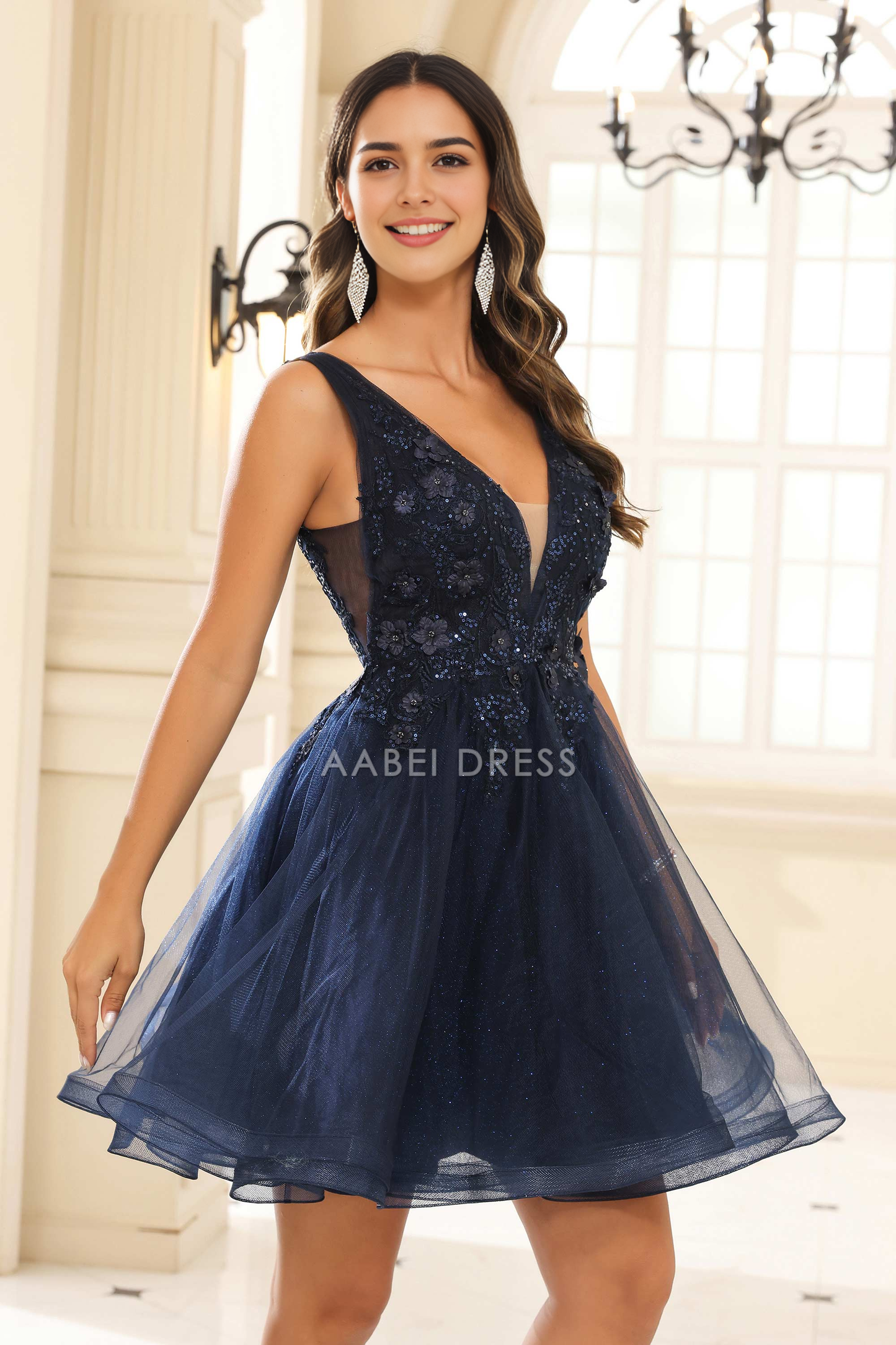 AABEI DRESS Short Dress Charming A Line Deep V Neck Floral Applique Beaded Ruched Exquisite New Homecoming Dress