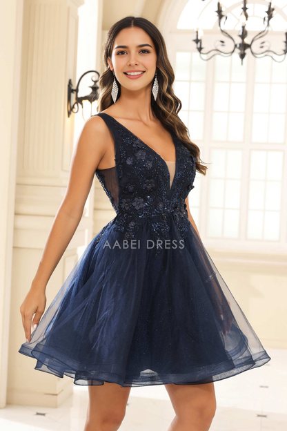 AABEI DRESS Short Dress Charming A Line Deep V Neck Floral Applique Beaded Ruched Exquisite New Homecoming Dress