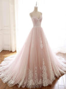 Blush Pink Spaghetti Straps Lace A Line Wedding Dress With Long Train