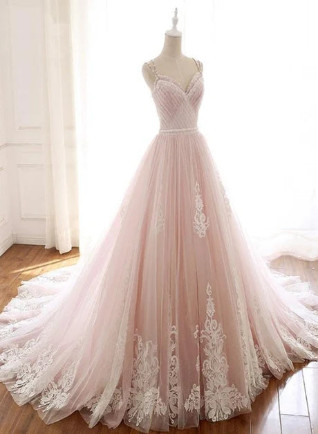 Blush Pink Spaghetti Straps Lace A Line Wedding Dress With Long Train