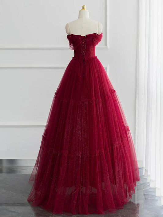 A-line Evening Dress Off Shoulder Tulle Shiny Long Formal Dress