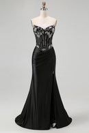Sparkly Black Party Dress Mermaid Strapless V Neck Corset Beaded Pleated Backless with Slit Exquisite Long Hot Sale Prom Dresses