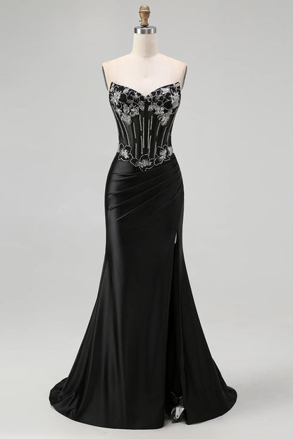 Sparkly Black Party Dress Mermaid Strapless V Neck Corset Beaded Pleated Backless with Slit Exquisite Long Hot Sale Prom Dresses