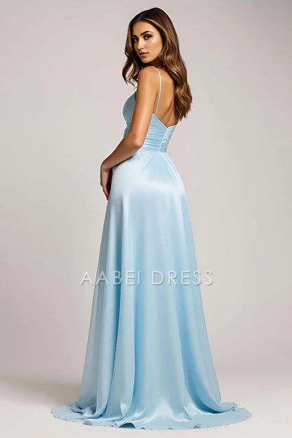 AABEI DRESS Hot Sale Prom Dress Elegant A Line V-Neck Spaghetti Strap Pleated Long With Slit Formal Dress