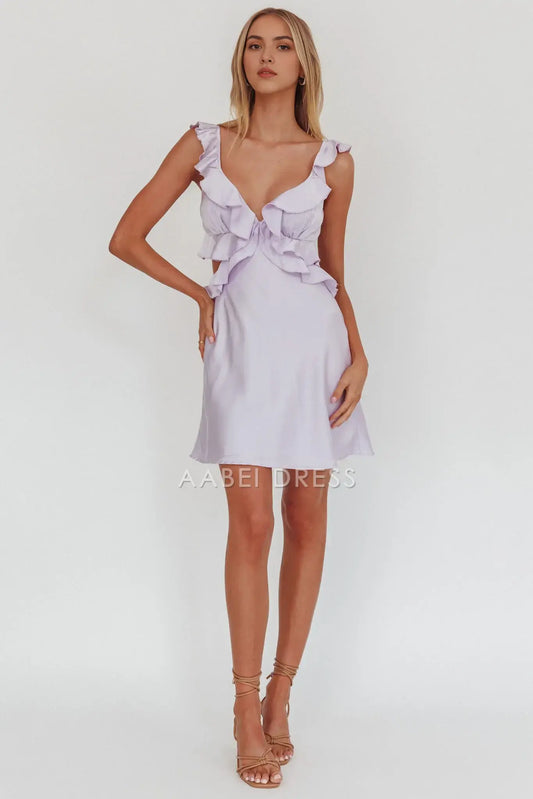 A Line Deep V Neck Sleeveless Hollow-out Ruffle Trim Backless Lilac Cute Mini Dress Hot Sale Homecoming Dress