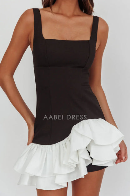 Sheath Square Neck Wide Shoulder Straps Sleeveless Layered Frill Hem Black Charming Mini Dress Hot Sale Homecoming Dress