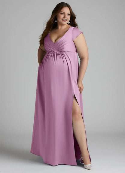 Wedding Guests Dresses Wisteria A-Line V Neck Cap Sleeve Pleated Side Fork V Back Floor-Length Elegant Pregnant Woman Plus Size Formal Dress Discount Hot Sale Prom Dress
