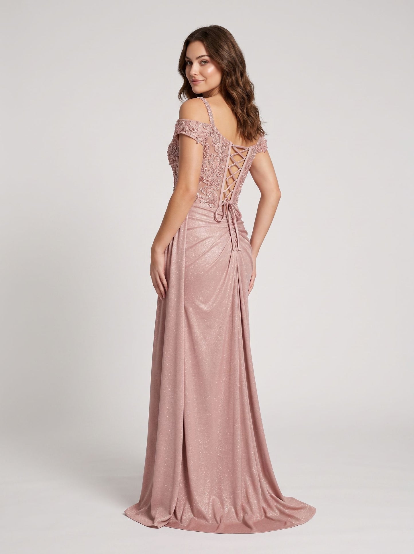 Dusty Rose Glitter Fabric with Beaded Lace Sheath Sweetheart Floor-Length Dress