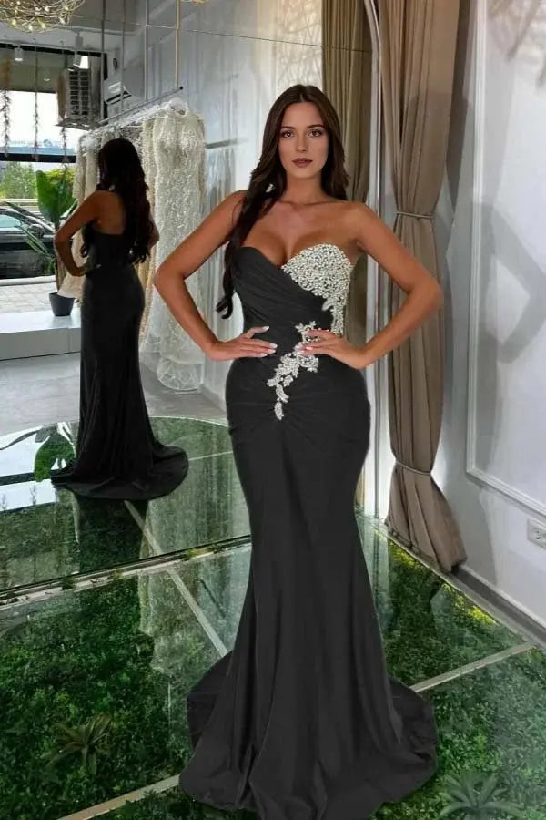 Charming Formal Women's Dresses Satin Mermaid Strapless Sweetheart Neckline Sleeveless Beading With Pleated Backless Fashion Sweep Train Affordable Prom Dress