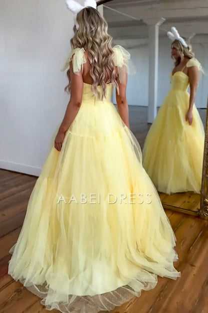 AABEI DRESS Hot Sale Prom Dress A-Line Tie Spaghetti Straps Long Tulle Romantic Formal Dress