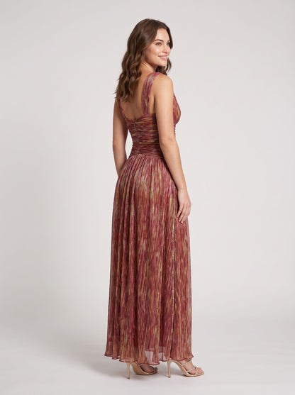 Rust Glitter Pleated Fabric A-Line Plunging V-Neck Floor Length Dress